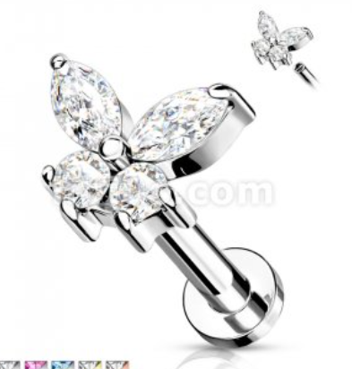 [S-LAB-INT72-1.2-6-CZ] Steel 316L Internally Labret in Cubic Zirconia Butterfly Top - Labret base 3mm