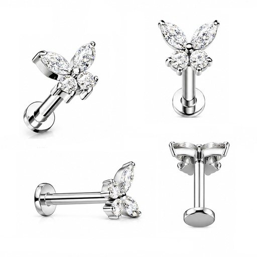[S-LAB-INT72-1.2-6-CZ] Steel 316L Internally Labret in Cubic Zirconia Butterfly Top - Labret base 3mm