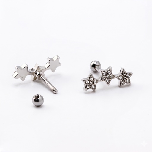 [S-SBB355-1.2-6-3-CC] Steel 316L Barbell in 3 Stars Design with Crystals