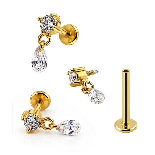 Steel 316L Gold Ti-PVD Coated Internally Labret with Round & Teardrop Cubic Zirconia - (Full Steel)  