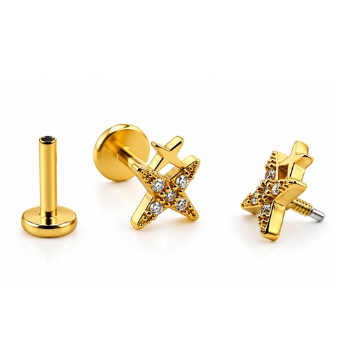Steel 316L  Gold Ti-PVD Coated Internally Labret with Star Cubic Zirconia - (Full Steel)    