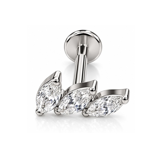 [WGT-LAB-INT154-SW] Titanium G23/ASTM F-136 White Gold Ti-PVD Coated Internally Threaded Labret with 3 Prong Set Marquise Premium Top - Internal Thread 0.9mm 