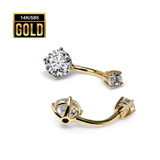 [14KGG-BAN40-1.6-10-6/4-CC] 14K Real Gold Bananabell with Prong Setted Crystal - 14GA(1.6mm)