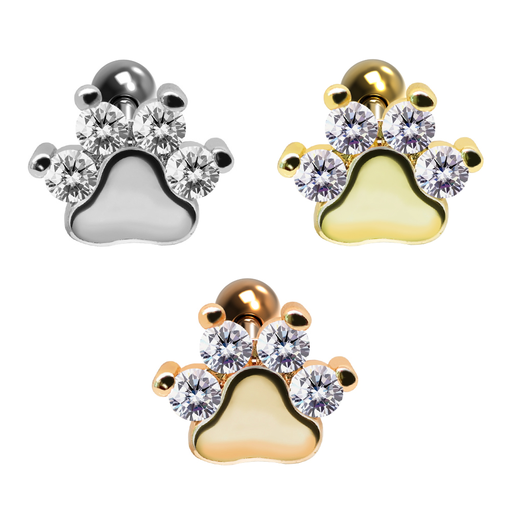 Steel 316L Barbell in Paw Design with Crystals - CC Crystal Clear