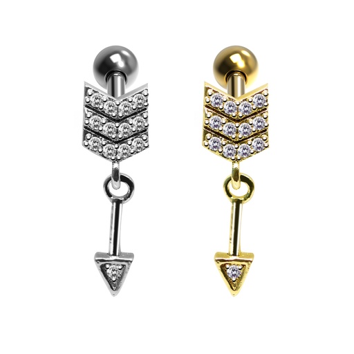 Steel 316L Barbell in Arrow Brass Design with Crystals - CC Crystal Clear