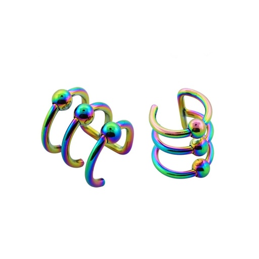 [RBS-EFR04-1.6-10] 316L Steel Rainbow Ti-PVD Coated Clip-on Non-Piercing with 3 Rings 3 Balls - 14GA(1.6mm)