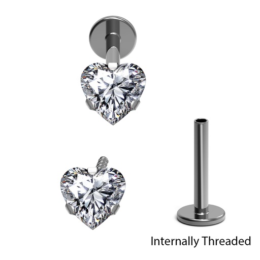 Steel 316L labret with Prong Setted 3mm Heart crystal and Internal Screw- 16GA(1.2mm)  