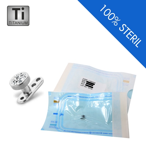 Sterilized Titanium G23 Dermal Anchor - 3 Hole Base with Flat Crystal Disc-Internally 1.2mm (7 x 2.5mm) - 14GA(1.6mm)
