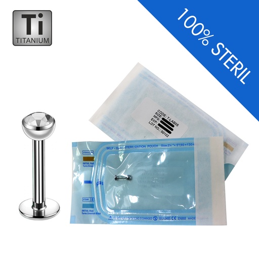 Sterilized Titanium G23 Labret with Crystal Screwball (4mm) - 14GA(1.6mm)