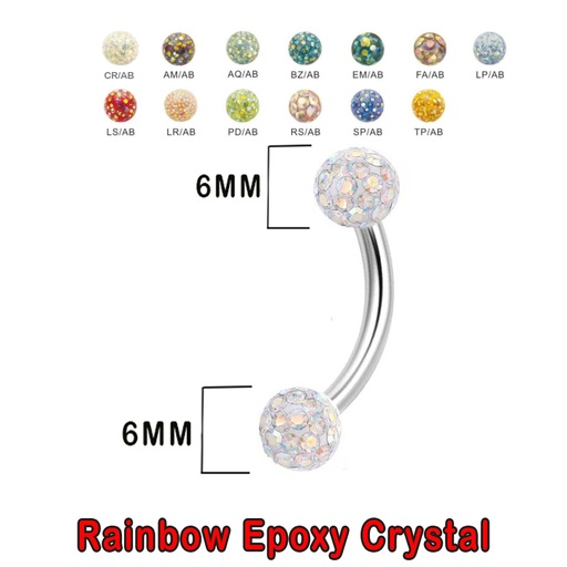 Steel 316L Bananabell with Double Rainbow Crystal Epoxy Covered Balls (6+6mm) - 14GA(1.6mm)