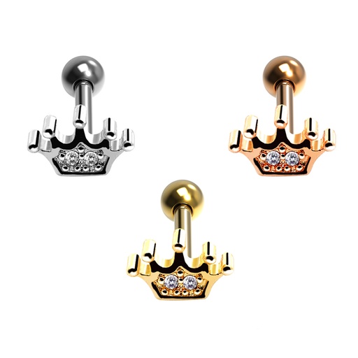 Steel 316L Barbell in Crown Design with Crystals - CC Crystal Clear