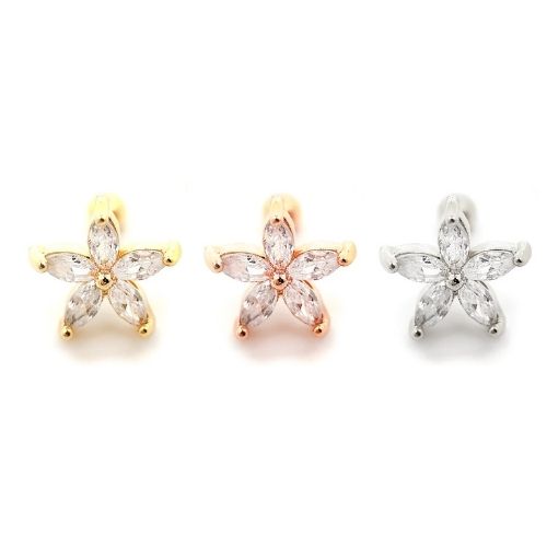 Steel 316L Barbell in Flower Design  with Crystals - CC Crystal Clear