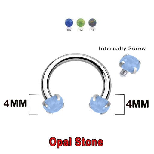 Steel 316L Circular Barbell with Double Prong Setted Opal, Internally Screw (4+4mm) - 14GA(1.6mm)