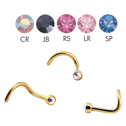 Steel 316L Gold TI-PVD Coated Nose Spiral with 2.5mm Flat Crystal Disc - 18GA(1.0mm) 