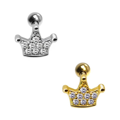 Steel 316L Barbell in Crown Design  with Crystals - CC Crystal Clear