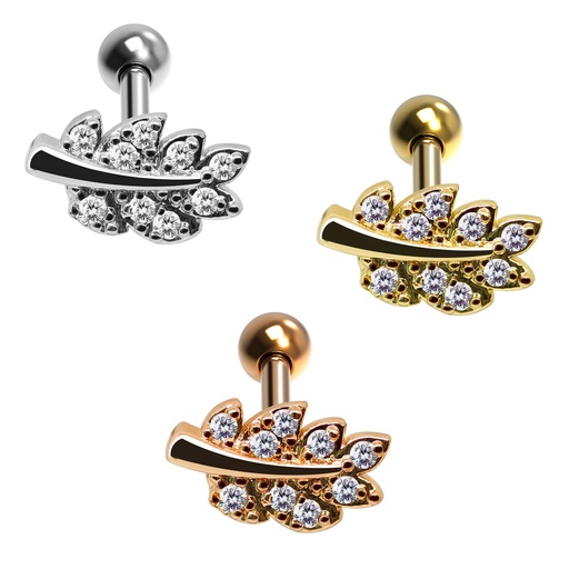 Steel 316L Barbell in Leaf Design with Crystals - CC Crystal Clear
