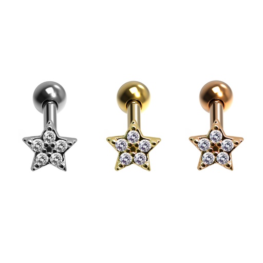 Steel 316L Barbell in Star Design with Crystals - CC Crystal Clear