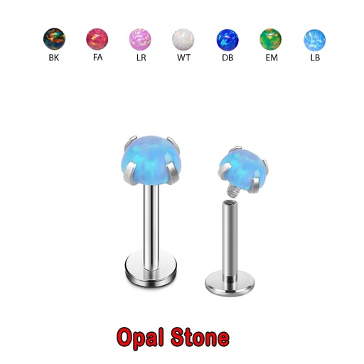 Steel 316L Labret with prong setted 4mm opal and internally screw - 14GA(1.6mm)